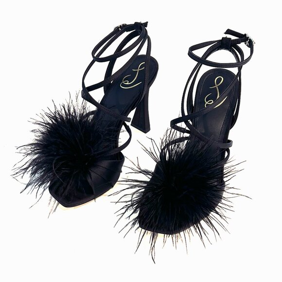 Sam Edelman Layton Feather-Trimmed Satin Sandals, Black, Size 8.5 - Picture 6 of 8